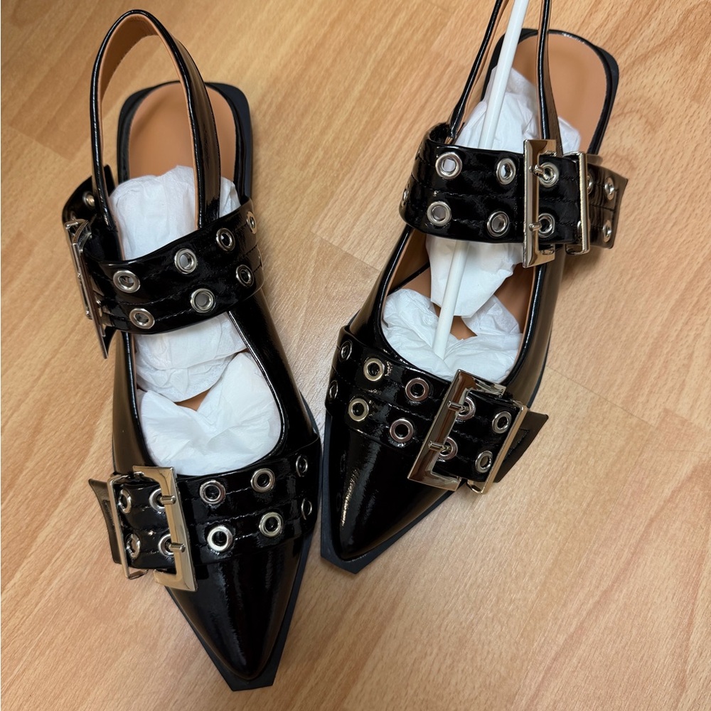 SHEIN Black Buckle Flats with Silver Accents